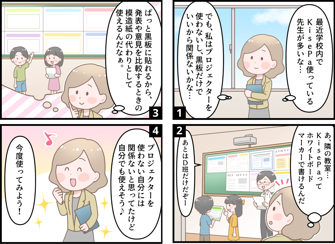 KisePa4コマ漫画「映すだけじゃない！グループワークでも活躍！」